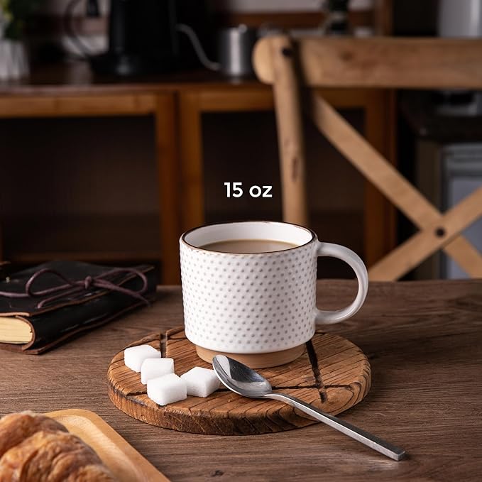 GBHOME 15OZ Stackable Coffee Mugs, Ceramic Coffee Mugs with Texture Patterns for Man,Woman,Dad,Mom, Modern Coffee Mugs Set of 4 for Latte/Cappuccino/Cocoa. Dishwasher&Microwave Safe, Off White