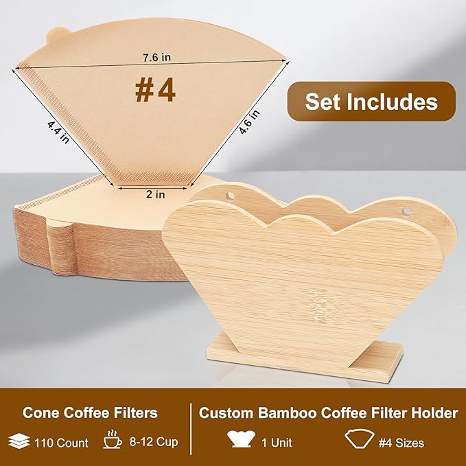 110 Count #4 Cone Coffee Filters with Holder Set, Fits 8-12 Cup, Tear-Resistant Seams, Unbleached