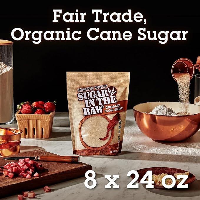 Sugar In The Raw Organic Granulated White Premium Cane Sugar, No Erythritol, Pure Natural Sweetener, Hot & Cold Drinks, Coffee, Baking, Vegan, Gluten-Free, Non-GMO, Bulk Sugar, 24 oz Bag (8-Pack)