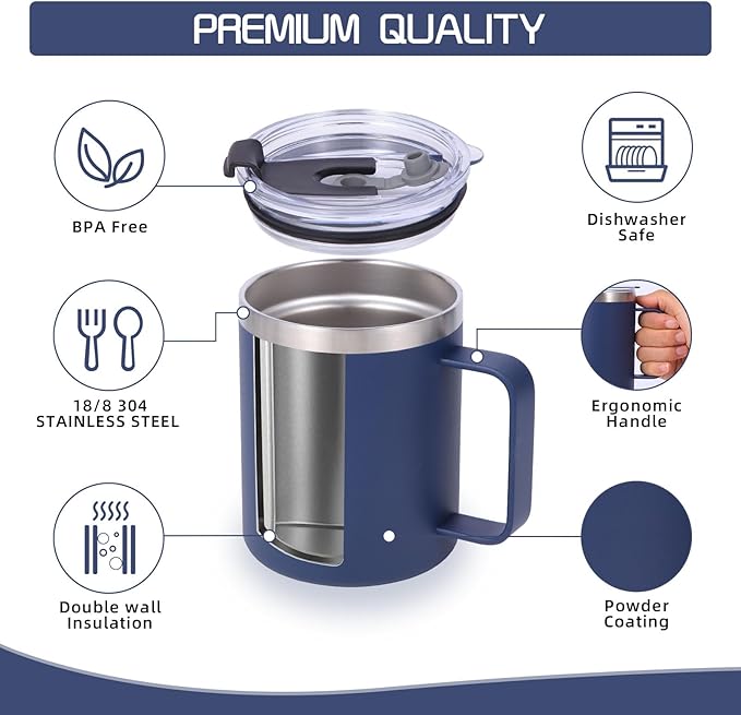Volhoply 12oz Insulated Leakproof Coffee Mug with Flip & Straw Lid,Double Wall Vacuum Stainless Steel Travel Cafe Tumbler Cup with Handle,Reusable Camping Mugs Keep Cold/Hot(Navy,1 Set)