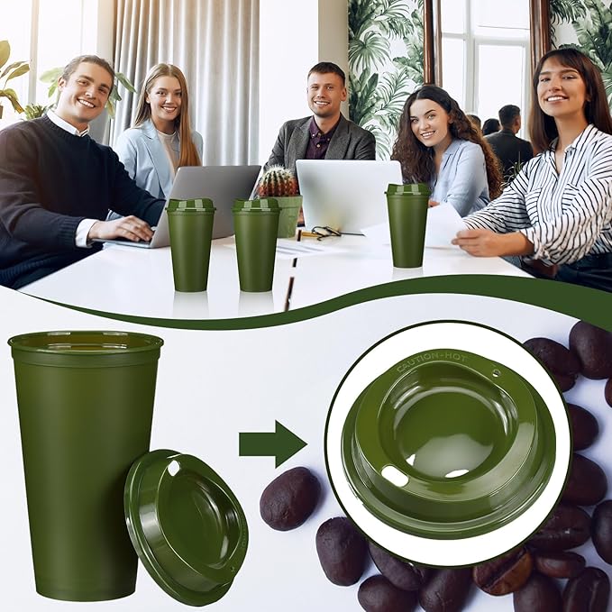 Domensi 15 Pack Reusable Coffee Cups with Lids 16 oz Disposable Travel Cups Bulk Plastic to Go Coffee Tumblers for DIY Hot Cold Drink Party Favors Coworker, Microwaveable (Army Green)