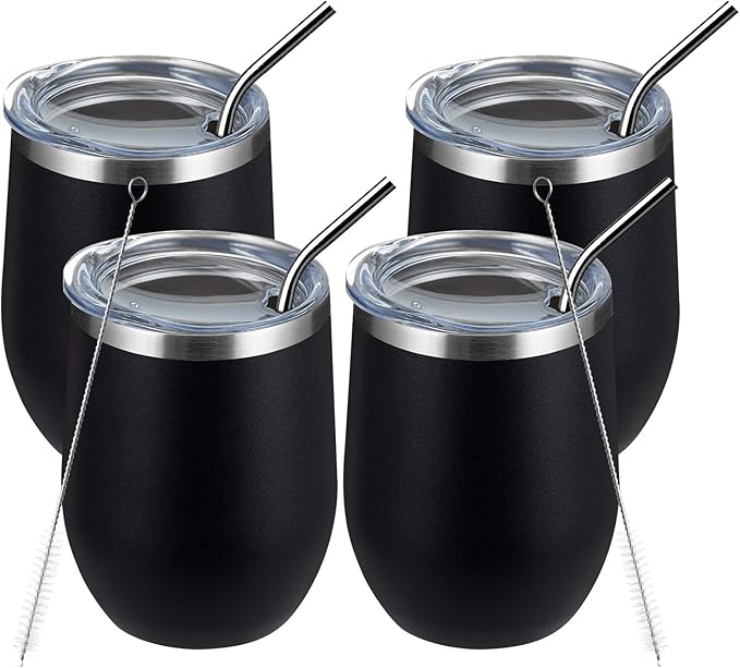 MEWAY 12oz/4 Pack Wine Tumbler Glasses with Lid - Stemless Double Wall Vacuum Stainless Steel Travel Tumbler - Keeping Cold & Hot for Wine,Coffee,Cocktails,Drinks-Family and Gifts (Black,Set of 4)