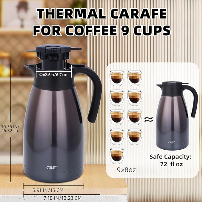 GiNT 2.2L / 74Oz Thermal Coffee Carafe, Insulated Stainless Steel Coffee Carafes for Keeping Hot/Double Walled Vacuum Thermal Carafe (Purple)