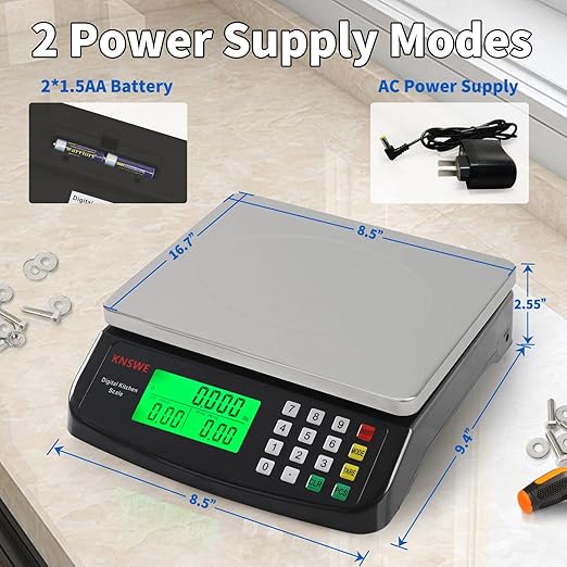 Large Digital Kitchen Scale Black 40KG/88LB Commercial Food Weight Scale Cooking Meat Baking Bread Price Computing Scale Stainless Steel Counting Scale for Deli Stores Tare Function