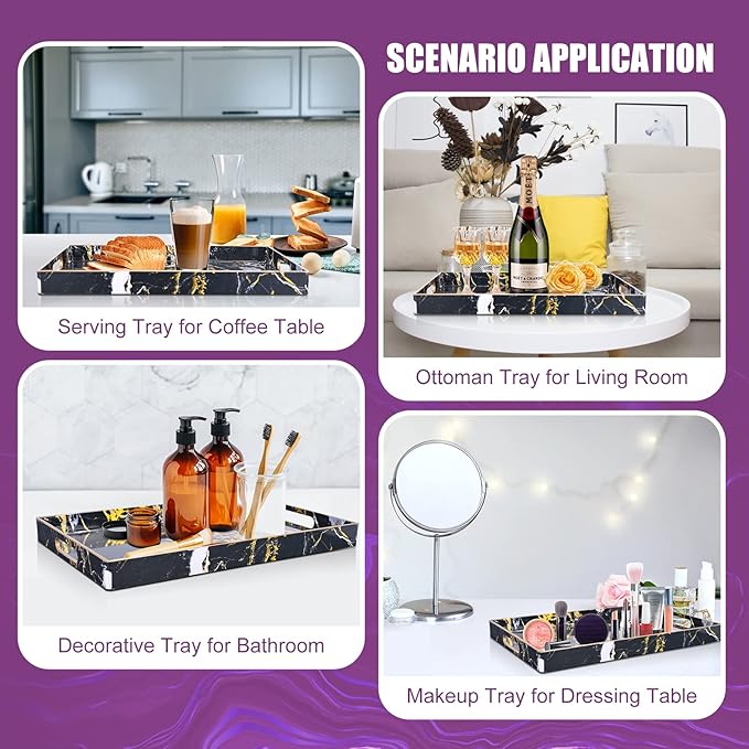 Gifturbo Black Serving Tray,Marble Decorative Serving Trays with Handles, Coffee Table Tray Ottoman Rectangular Plastic Trays with Gold Rim for Living Room, Bathroom，15.7 x 10.2 x1.37 inches