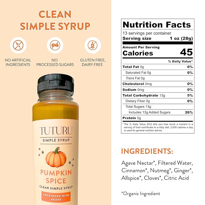 Pumpkin Spice Agave Simple Syrup for Coffee, Cocktails, Matcha - Sweetened with Agave Nectar - Infused with Real Pumpkin Spices - 13.5 oz