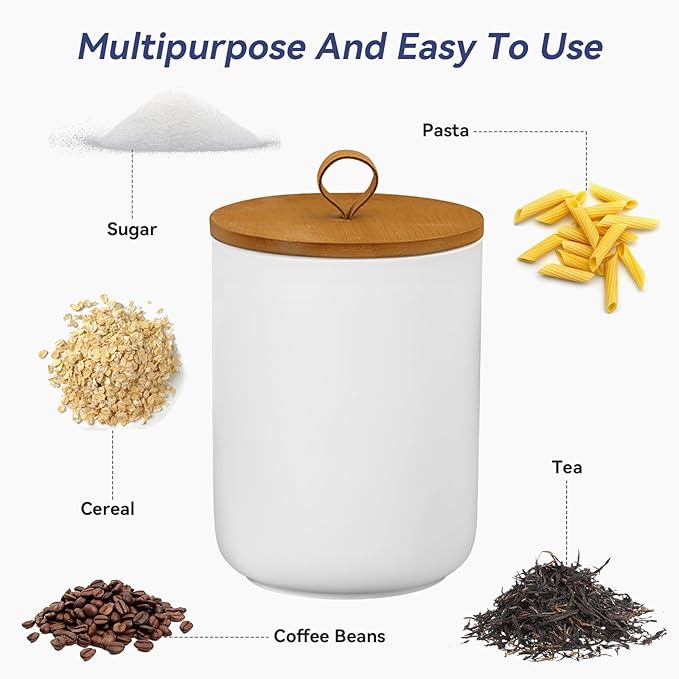 Large Ceramic Storage Jars, Modern Elegant Highly Polished Airtight Gorgeous Storage Canisters with Wooden Lid Food Storage Jar for Kitchen Spice Tea Vanilla Sugar Coffee Beans (White)