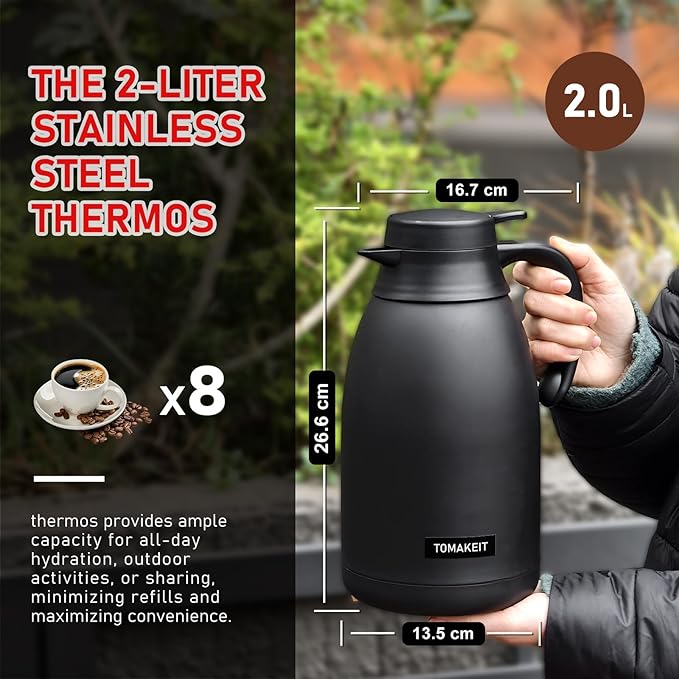 Thermal Coffee Carafe 2L/68 Oz Double-Wall Vacuum 304 Stainless Steel Insulated Thermoses Flask, 24-Hour Keeps Hot/Cold, Leak-Proof, for Travel, Work, Outdoor, BPA-Free, Easy to Clean