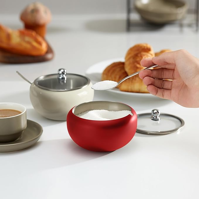 KooK Stainless Steel Sugar Bowl with Lid and Spoon, Serving Dish, Clear Glass Lid, Storage for Salt, Candy, Coffee, Holds 2 Cups, Dishwasher Safe, 16 oz Matte Rose