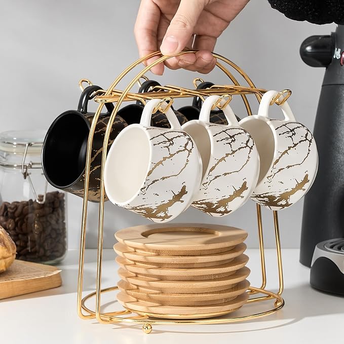 LUKA Ceramic Espresso Cups with Saucers and Metal Stand, Small 4 oz Porcelain Demitasse Cups Set of 6, Cute Cappuccino Coffee Cups for Double Espresso, Tea, Marbling White & Black