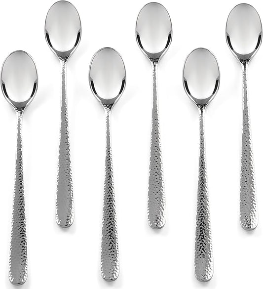 Hudson Essentials Hammered Iced Tea Spoons, 18/10 Stainless Steel Long Handle Spoons for Stirring Cocktails, Tea, Coffee, Set of 6 - Bergamo
