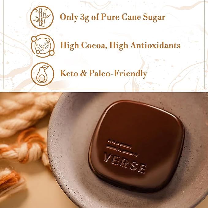 Verse 70% Dark Chocolate with Almonds - Only 3g Cane Sugar - Creamy Dark Cocoa Squares - Individually Wrapped Chocolates (30 Count)