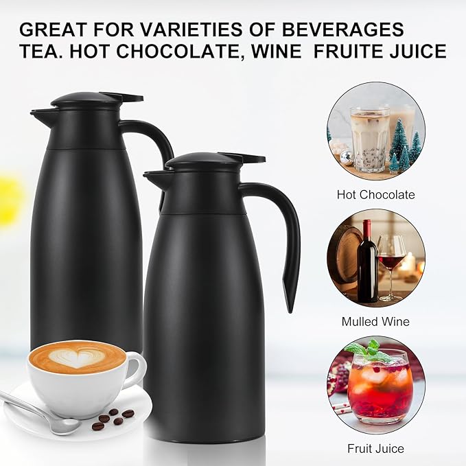 Thermal Coffee Carafe, Updated Insulated Stainless Steel Coffee Carafes for Keeping Hot Coffee & Water Hot Beverage-12Hours, Double Walled Vacuum Coffee Carafe (black)