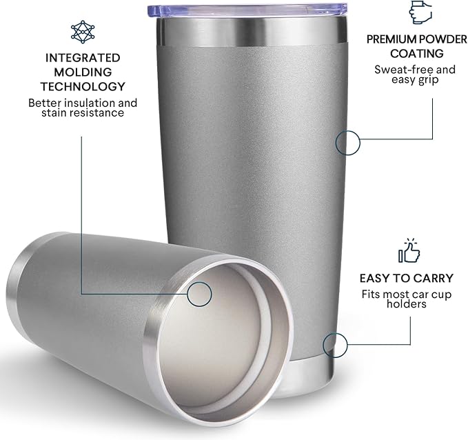 Volhoply 20oz Stainless Steel Tumbler with Lid and Straw Bulk 8 Pack,Double Wall Insulated Travel Iced Coffee Mug Fits Cup holder,Powder Coated Cups for Hot/Cold Drinks,Gifts for Women（Gray,8 Set）