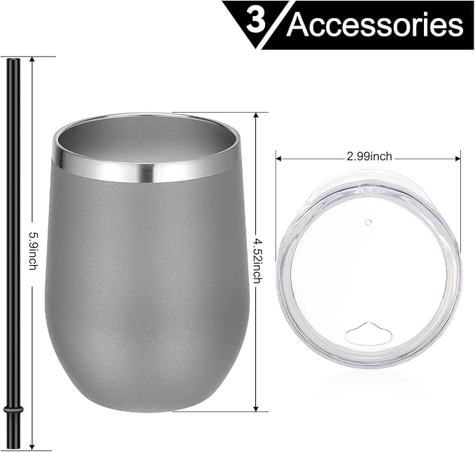 VEGOND Wine Tumblers Bulk 12 Pack, 12oz Stainless Steel Stemless Wine Glass with Lids and Straws, Double Wall Vacuum Insulated Tumbler Cup, Coffee Mug for Cold Hot Drinks