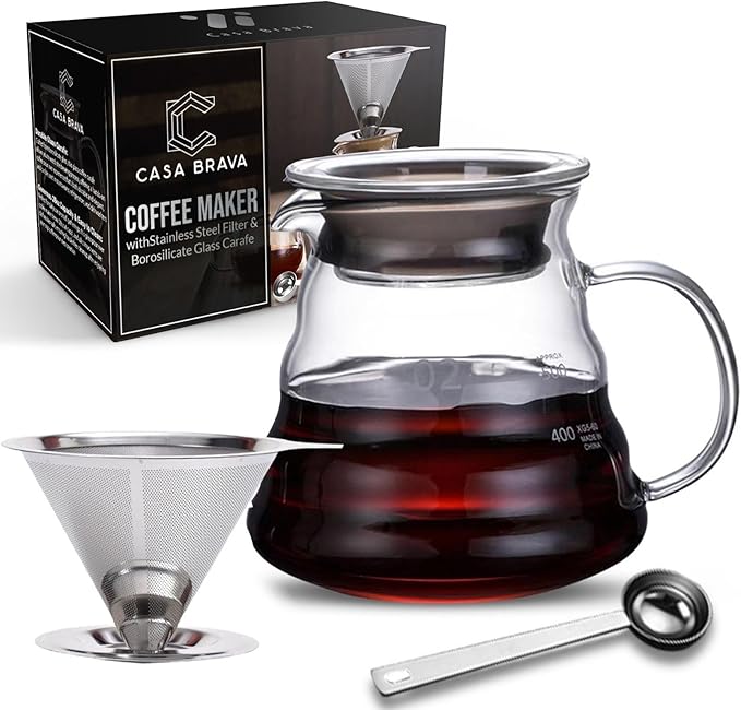 CASA BRAVA Glass Pour Over Coffee Maker Set – 28oz (850ml) Heat-Resistant Carafe with Stainless Steel Reusable Dripper, Bamboo Stand & Measuring Spoon – Plastic-Free Drip Coffee Brewer