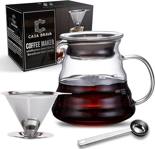 CASA BRAVA Glass Pour Over Coffee Maker Set – 28oz (850ml) Heat-Resistant Carafe with Stainless Steel Reusable Dripper, Bamboo Stand & Measuring Spoon – Plastic-Free Drip Coffee Brewer