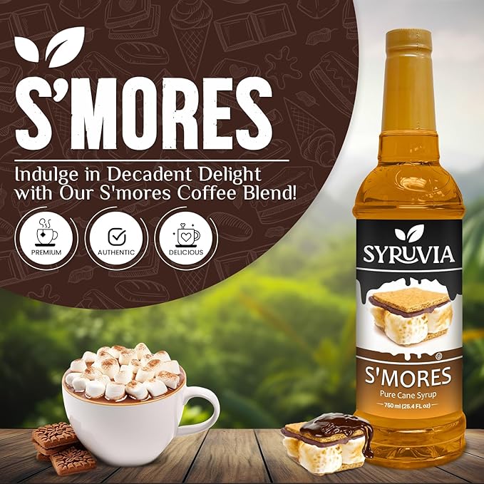 Syruvia Coffee Syrup, S'mores Flavored Syrup for Drinks, Lattes, and Desserts – 25.4 fl oz, With Pump