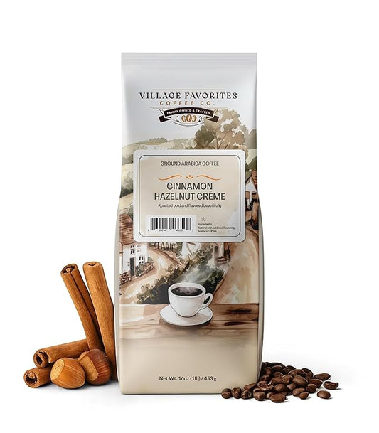 Village Favorites Flavored Coffee – Low Acid, Mold-Free, 100% Arabica, Slow Roasted Medium Roast, Smooth & Stomach Friendly, Ground, 1LB Bag (16oz)- Kosher (16oz, Cinnamon Hazelnut Crème)