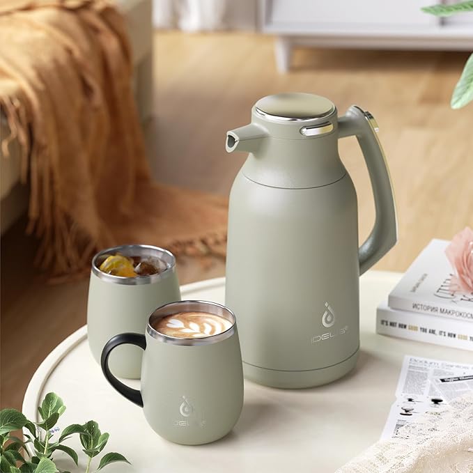 IDEUS Thermal Coffee Carafe 68oz (2,000ml), Stainless Steel Double Wall Insulated Vacuum Flask, Water Jug Coffee Server and Beverage Dispenser, Heat and Cold Retention (Celadon, 68oz (2,000ml))