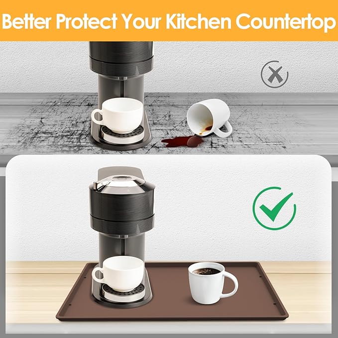 TOHONFOO Silicone Coffee Maker Mat with Lip, 19.7'' x 15'' Heavy Duty Coffee Maker Mat for Countertops, Coffee Tray Fit Under Coffee Machine Appliance Automatic Machines Espresso Accessory, Brown