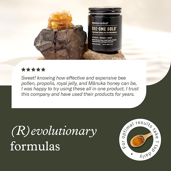 Bee-Ome Gold by Enviromedica - Unpasteurized Raw Manuka Honey with Probiotics, Royal Jelly, Bee Pollen & Propolis, Functional Superfood Honey, 7.4oz