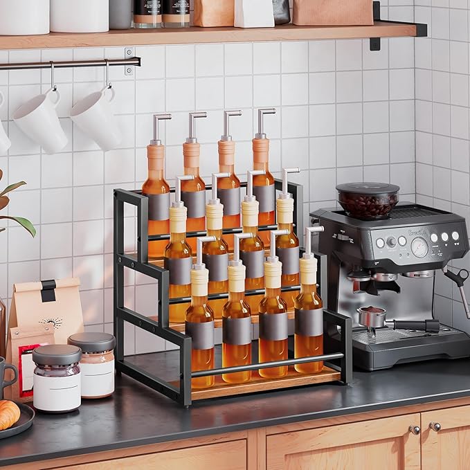 HOOBRO Coffee Syrup Rack Organizer, 3-Tier 12-Bottle Syrup Holder Stand for Coffee Bar, Wine Rack Countertop Storage Rack for Syrup, Wine, for Kitchen Coffee Station, Rustic Brown and Black BF38JJ01