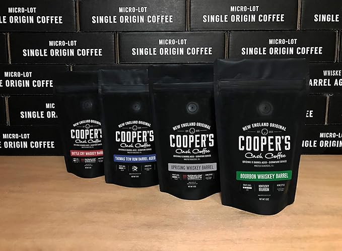 Rye Whiskey Barrel Aged Coffee, Medium Roast Ethiopian Beans Aged in Rye Whiskey Barrels,12 oz Bags, Ground