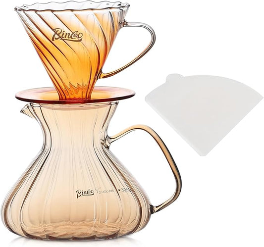 Bincoo Pour Over Coffee Maker Set,650ML Borosilicate Glass Carafe with Coffee Driper&50pcs Paper Filter,Glass Coffee Maker for Home Café Restaurant(Champagne)