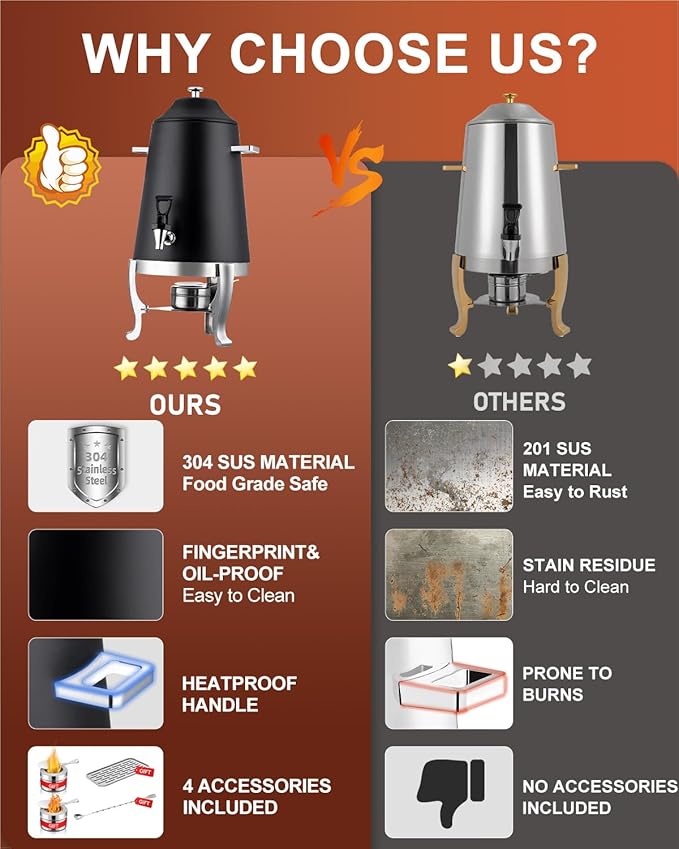 Coffee Urn With Fuel Holder, 3.5 Gallon/13L Stainless Steel Beverage Dispensers for Coffee Tea Hot Water, Hot Drink Dispenser with Stand, Chafer Urn with Spigot for Parties Catering (Painted Black)