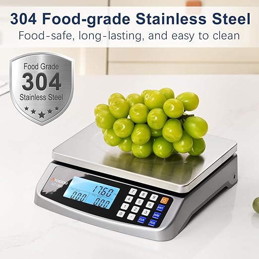 110lb Food Scale, Commercial Kitchen Scale with Price Computing, Plug-in Usable, 0.05oz/1g, 304 Stainless Steel, for Cooking, Vegetables, Farm, Industry, Counting. LC300 Grey