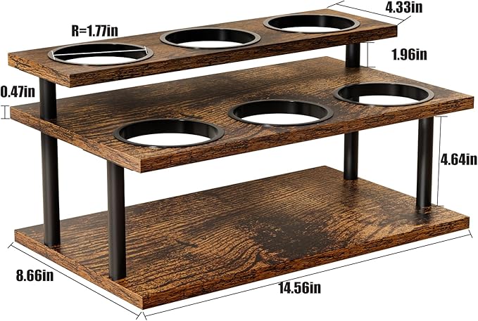 KLM Coffee Syrup Organizer, 2 Tier Wooden Small Display Shelf (6 Bottle Capacity),Syrup Bottle Sturdy Holder for Coffee Bar, Kitchen Countertop Syrups, Condiments and Wine