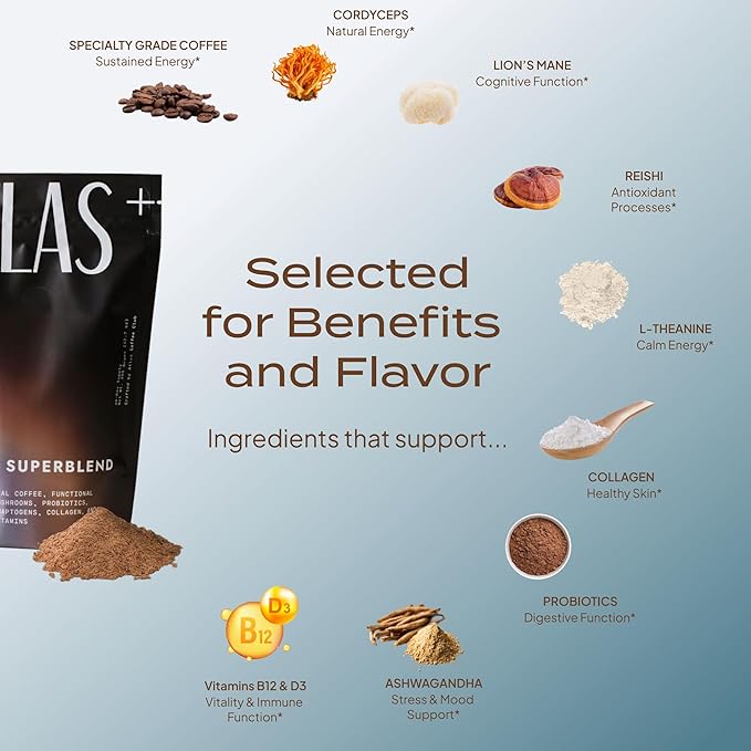 Atlas+ Coffee Superblend– Instant Mushroom Coffee with Lion’s Mane, Reishi, Cordyceps, Ashwagandha, Probiotics, Vitamin D3 & B12– for Energy, Focus, Immunity & Gut Health– 28 Servings (1 Bag)