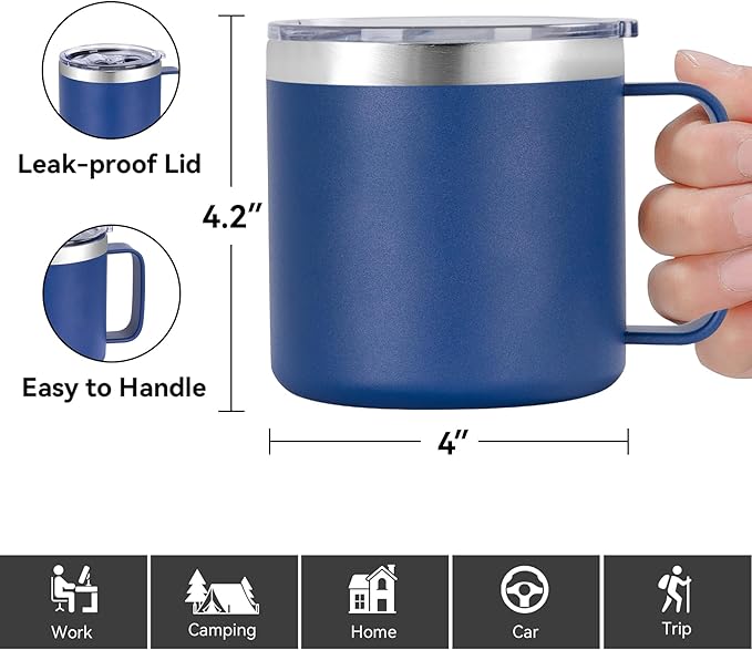 VEGOND 14 oz Insulated Coffee Mug Bulk with Handle, Stainless Steel Travel Coffee Mug with Lid, Double Wall Vacuum Metal Coffee Cup, Coffee Tumbler Powder Coated, Navy Blue 8 Pack