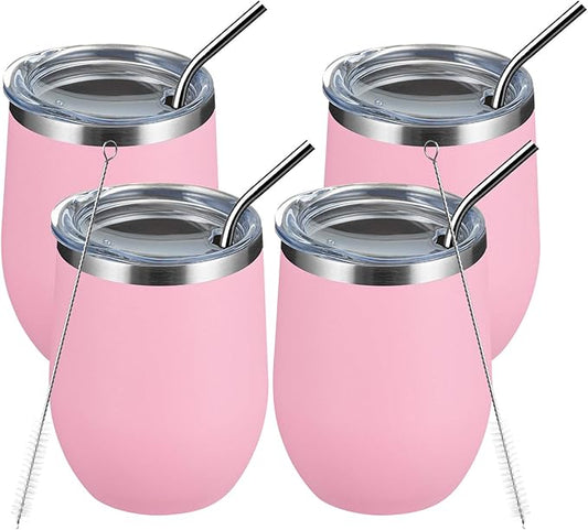 MEWAY 12oz/4 Pack Wine Tumbler Glasses with Lid - Stemless Double Wall Vacuum Stainless Steel Travel Tumbler - Keeping Cold & Hot for Wine,Coffee,Cocktails,Drinks-Family and Gifts (Pink,Set of 4)