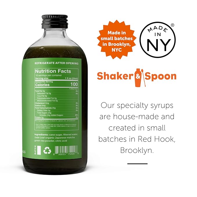 Shaker & Spoon Matcha Cocktail Syrup, 16oz Matcha Green Tea Powder Flavored Syrups for Drinks, Coffee Syrup, Matcha Tea, Matcha Lattes, Vegan Cocktail Mixers, Mocktails, Non Alcoholic Drinks