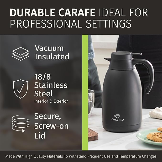 Thermal Coffee Carafe, 68 Oz - Sophisticated Black Stainless Steel, Durable & Easy to Pour, Keeps Drinks Perfectly Hot for 12 Hours & Chilled for 36 Hours, Ideal Coffee Urn for Home, Office, & Parties