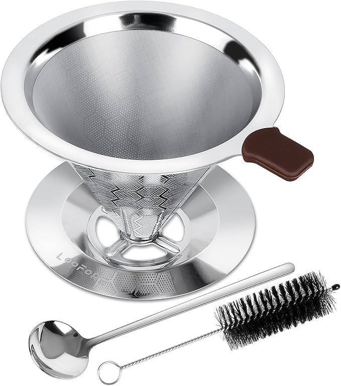 Pour Over Coffee Dripper, LOOFORE Stainless Steel Coffee Filter, Metal Cone Filter Paperless Reusable Coffee Filter Single Cup Coffee Maker 1-2 Cup, with Spoon and Silicone Tray, Cleaning Brush