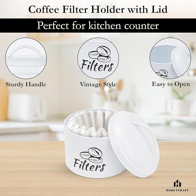 Coffee Filter Holder with Metal Lid – Coffee Filter Container for Countertop – Modern Organizer for Cone Filters – Coffe Bar Accessory for Kitchen Decor (white)
