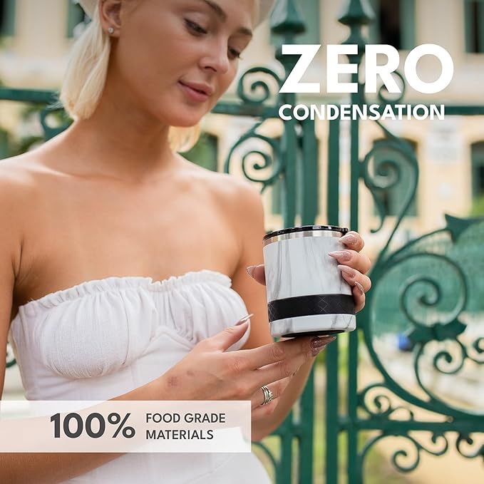 Elemental Recess Lowball Tumbler, 10oz Triple Wall Stainless Steel Cup with Non-Shattered Tritan Lid, Insulated Whiskey Glass, Insulated Coffee Tumbler Mug for Hot & Cold Drinks - White Marble