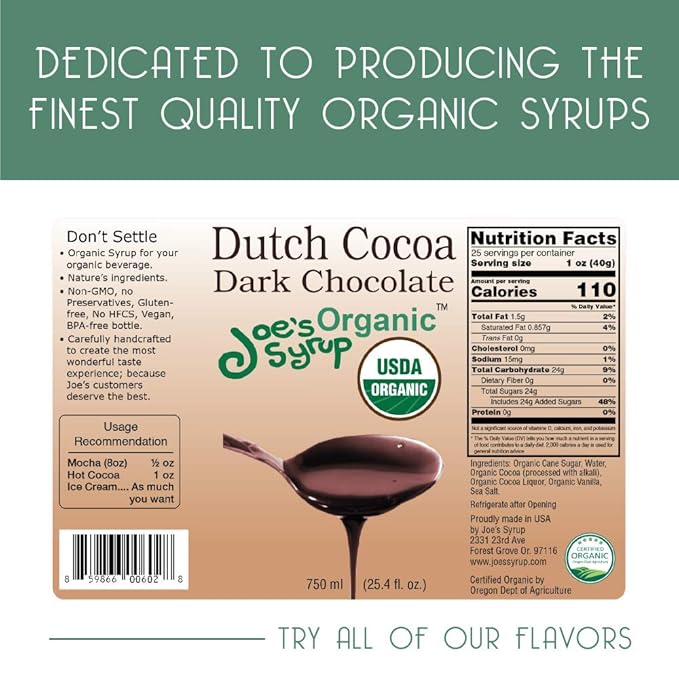 Joe’s Syrup Organic Flavored Syrup, Organic Dutch Cocoa Dark Chocolate Sauce, 750 ml