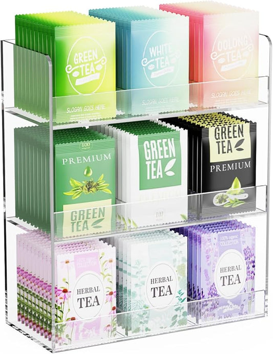 Acrylic Tea Bag Organizer, 3 Layers Tea Bag Holder for Tea Packets, No Assembly Required, Wall Mount Display Tea Caddy for Countertop or Cabinet, 9 Slots