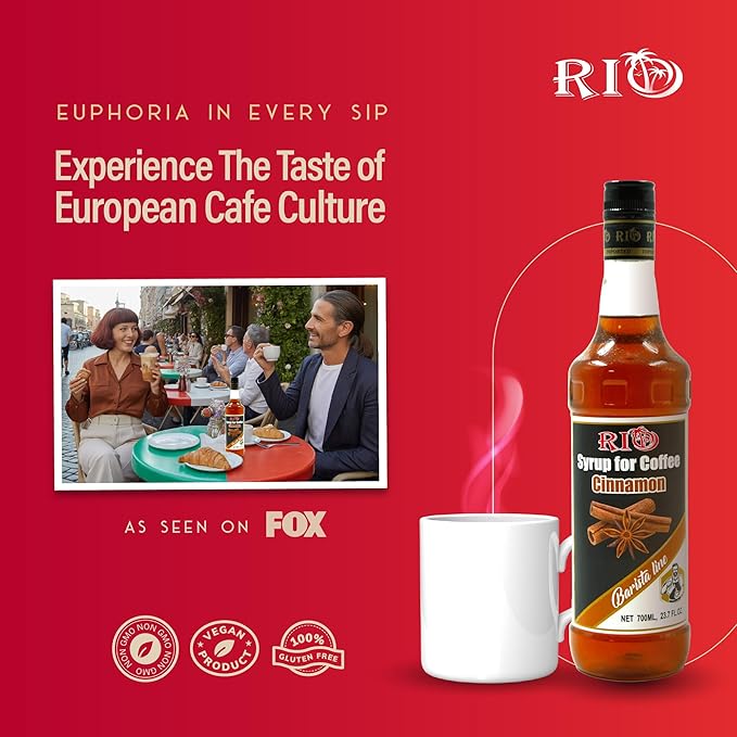 RIO Cinnamon Flavoring Coffee Syrup for Hot or Iced Drinks and Desserts, Warm and Inviting Coffee Syrup Flavor Sweetened with Pure Cane Sugar, Barista - Grade Flavor Syrups For Drinks at Home & Work - 700ml