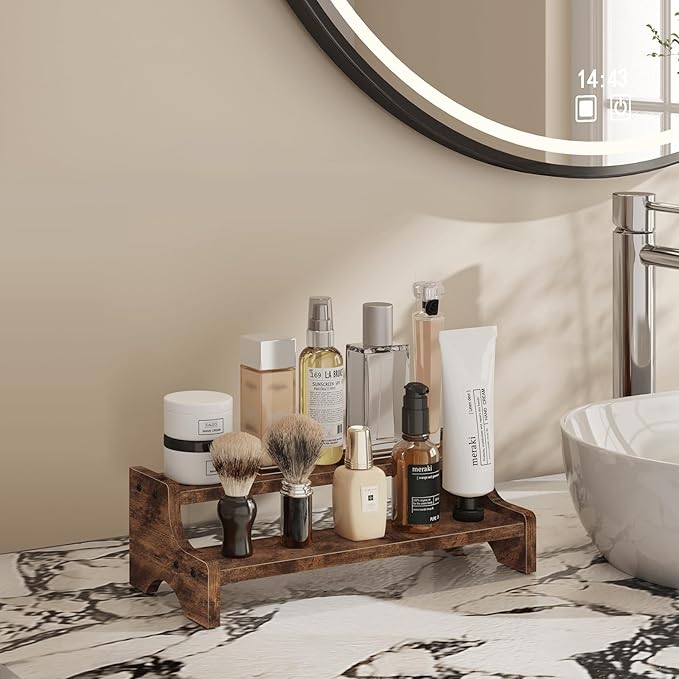 Wood Display Stand, 2 Tier Perfume Organizer Display Riser Cupcake Stand, Tiered Step Shelf Countertop Spice Storage Holder for Kitchen Pantry Cabinet, Rustic Brown