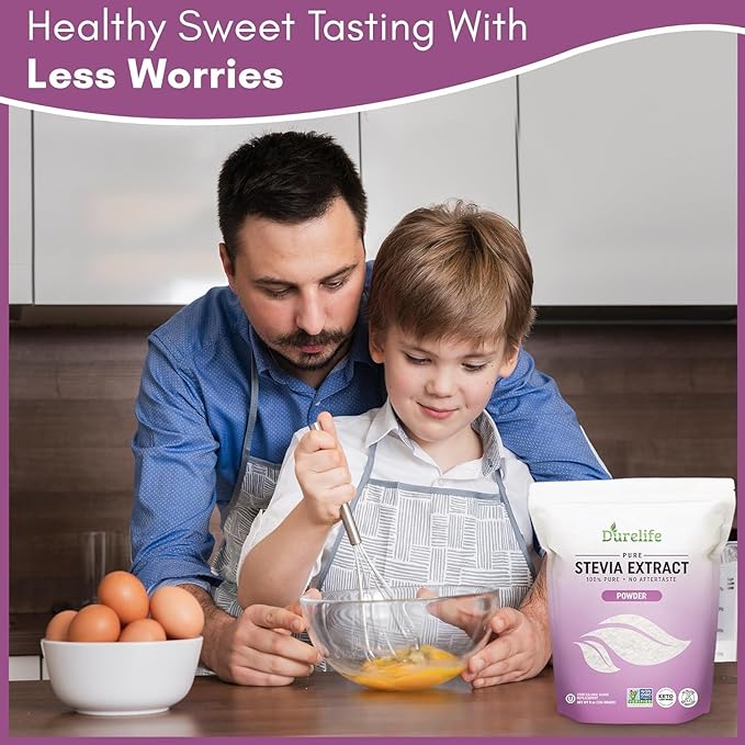 Durelife 100% Pure stevia extract sweetener | No Erythritol, NON-GMO Project Verified, No Fillers, Zero Calorie Sugar Substitute | No Aftertaste | Micro-Spoon Included (16 Ounce (Pack of 1))