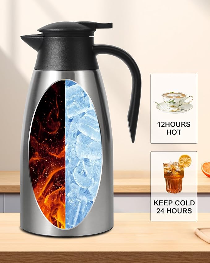 70Oz Thermal Coffee Carafe for keeping hot, 2 PCS Updated Carafe for hot liquid, Insulated Coffee Carafe Stainless Steel Thermal Pot for Coffee, Hot Water,Keep Hot 12 Hours (silver+silver)