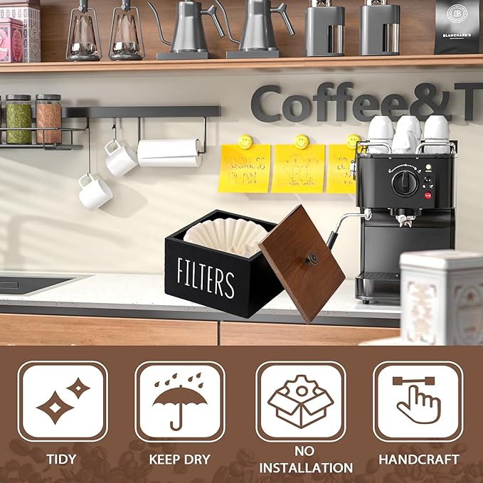 Coffee Filter Holder, Wooden Coffee Filter Container Coffee Filter Storage with Lid, Rustic Coffee Filter Dispenser Basket for Coffee Bar Decor, Farmhouse Coffee Bar Accessories (Black)