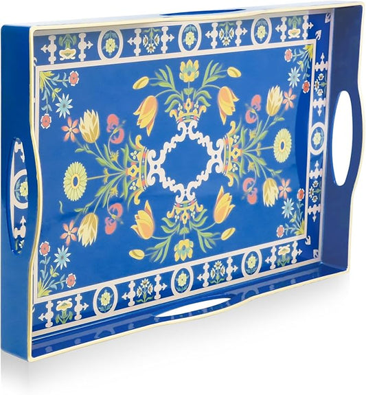 Gifturbo Blue Decorative Tray with Four Handles, Versatile Serving Tray for Coffee Table, Ottoman, Ideal for Serving, Displaying, Organizing,Home Decor