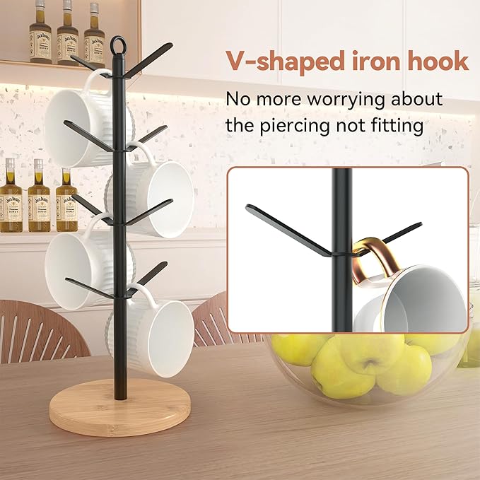 simesove Coffee Mug Holder, Non-Slip Cup Tree with 8 Hooks, Wood Stand Organizer for Counter, Bar and Kitchen Home Decor (Natural)