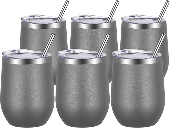 VEGOND Wine Tumblers Bulk 6 Pack, 12oz Stainless Steel Stemless Wine Glass with Lids and Straws, Double Wall Vacuum Insulated Tumbler Cup, Coffee Mug for Cold Hot Drinks